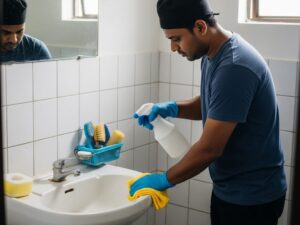 Indian employee in dark blue t-shirt, black pants, and black cap cleaning bathroom tiles and toilet.