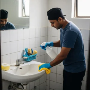 Indian employee in dark blue t-shirt, black pants, and black cap cleaning bathroom tiles and toilet.