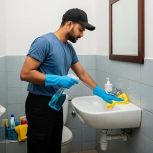 Indian employee in dark blue t-shirt, black pants, and black cap cleaning bathroom tiles and toilet.