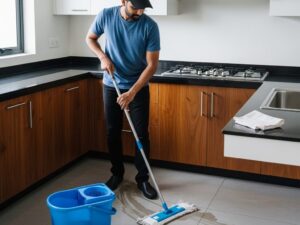 Indian employee in dark blue t-shirt, black pants, and black cap deep cleaning a modular kitchen sink and tiles in Ahmedabad home.