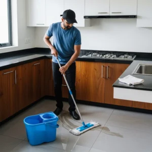Indian employee in dark blue t-shirt, black pants, and black cap deep cleaning a modular kitchen sink and tiles in Ahmedabad home.