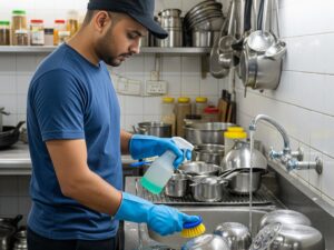 Indian employee in dark blue t-shirt, black pants, and black cap deep cleaning a modular kitchen sink and tiles in Ahmedabad home.