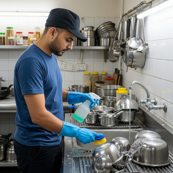 Indian employee in dark blue t-shirt, black pants, and black cap deep cleaning a modular kitchen sink and tiles in Ahmedabad home.